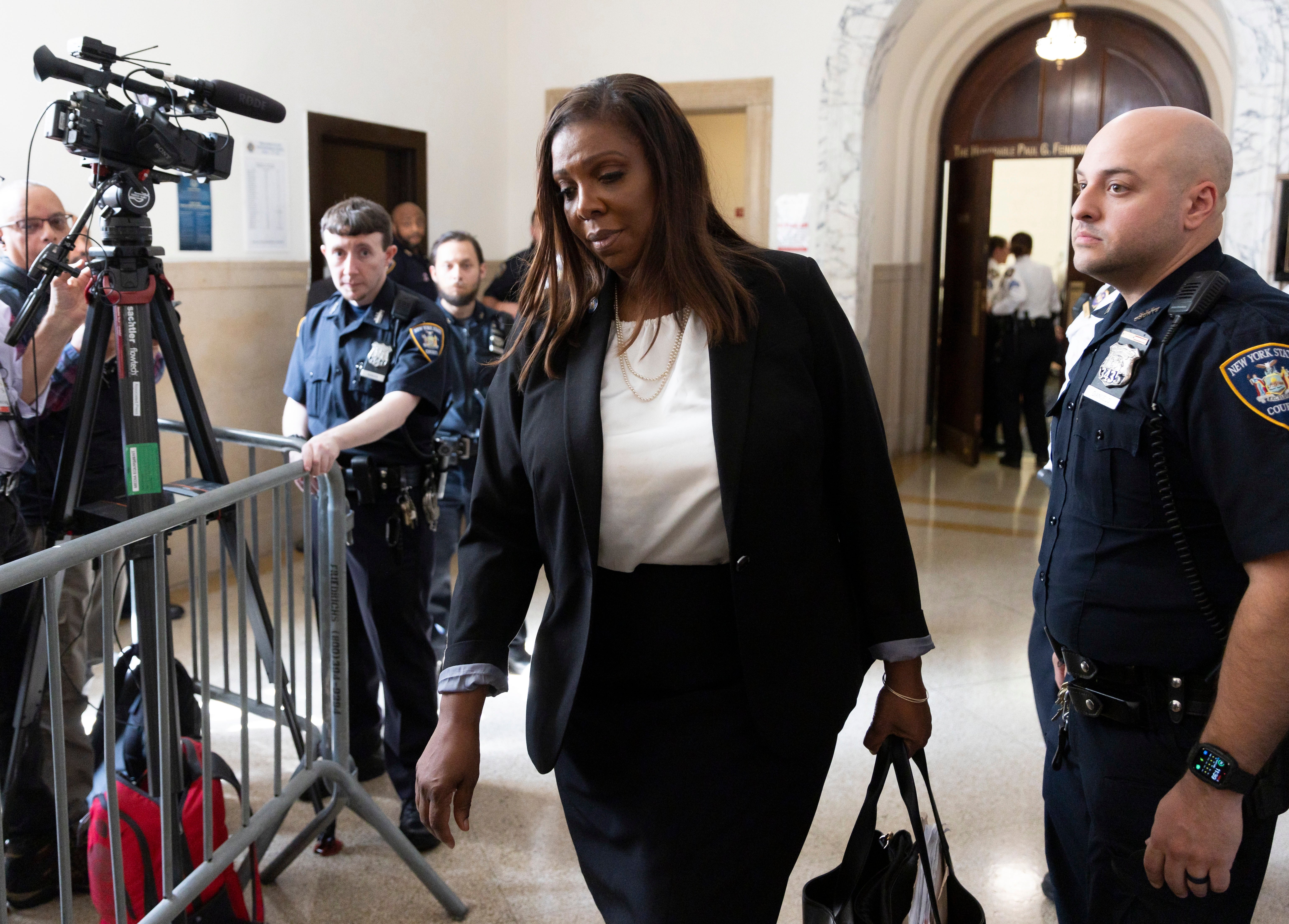 New York Attorney General Letitia James enters Judge Arthur Engoron’s courtroom on 2 October.