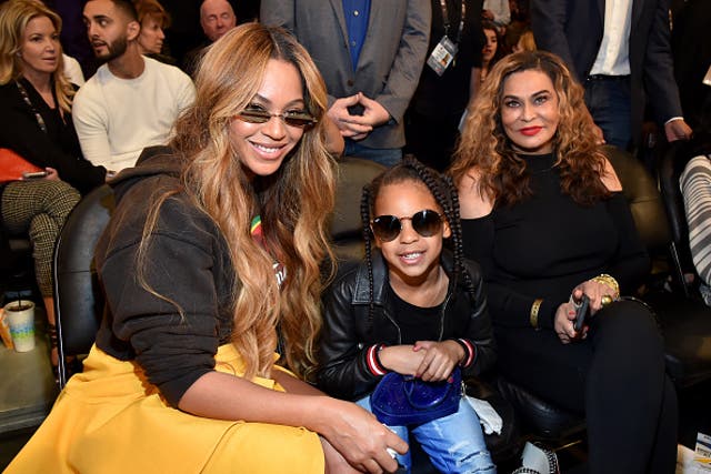 <p>Tina Knowles shows off her makeup done by granddaughter Blue Ivy</p>