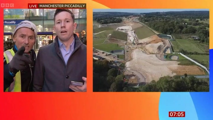 <p>Live BBC report interrupted by man demanding licence fee to be slashed: ‘You’re greedy’.</p>