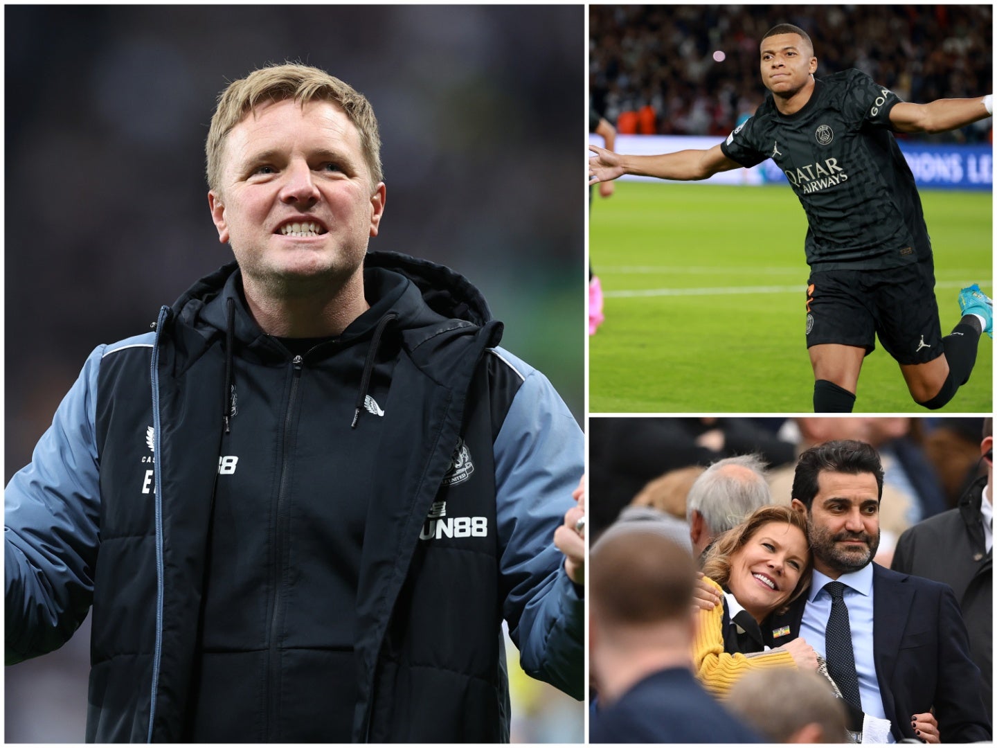 Newcastle manager Eddie Howe, PSG star Kylian Mbappe and Newcastle co-owners Amanda Staveley and husband Mehrdad Ghodoussi