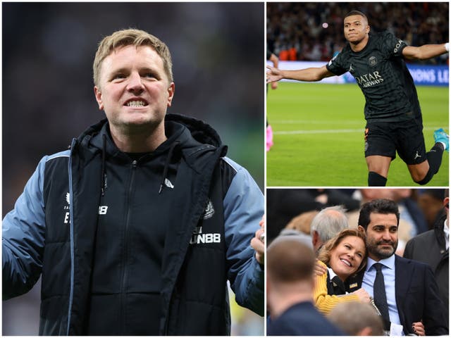 <p>Newcastle manager Eddie Howe, PSG star Kylian Mbappe and Newcastle co-owners Amanda Staveley and husband Mehrdad Ghodoussi  </p>