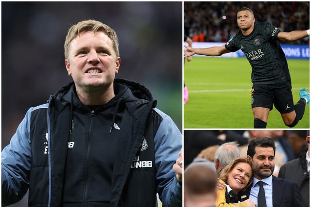 <p>Newcastle manager Eddie Howe, PSG star Kylian Mbappe and Newcastle co-owners Amanda Staveley and husband Mehrdad Ghodoussi  </p>