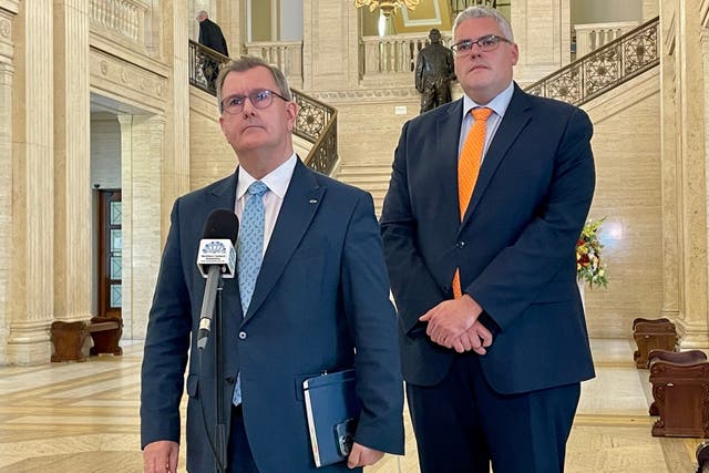 DUP leader Sir Jeffrey Donaldson and East Belfast MP Gavin Robinson speak to the media at Parliament Buildings in Stormont following a meeting with shadow secretary of state Hilary Benn (Rebecca Black/PA)