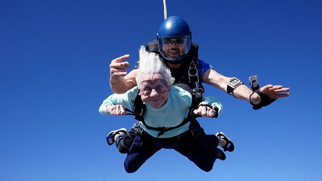 <p>Woman, 104, skydives out of plane in world record attempt as she claims ‘age is just a number’.</p>