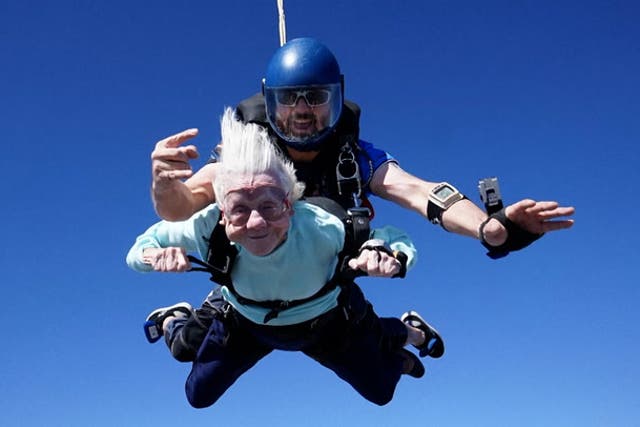 <p>Woman, 104, skydives out of plane in world record attempt as she claims ‘age is just a number’.</p>