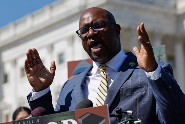 <p>Rep. Jamaal Bowman (D-NY) joins fellow House Democrats for a news conference to announce a bicameral resolution recognizing Banned Books Week outside the U.S. Capitol on September 27, 2023 in Washington, DC</p>