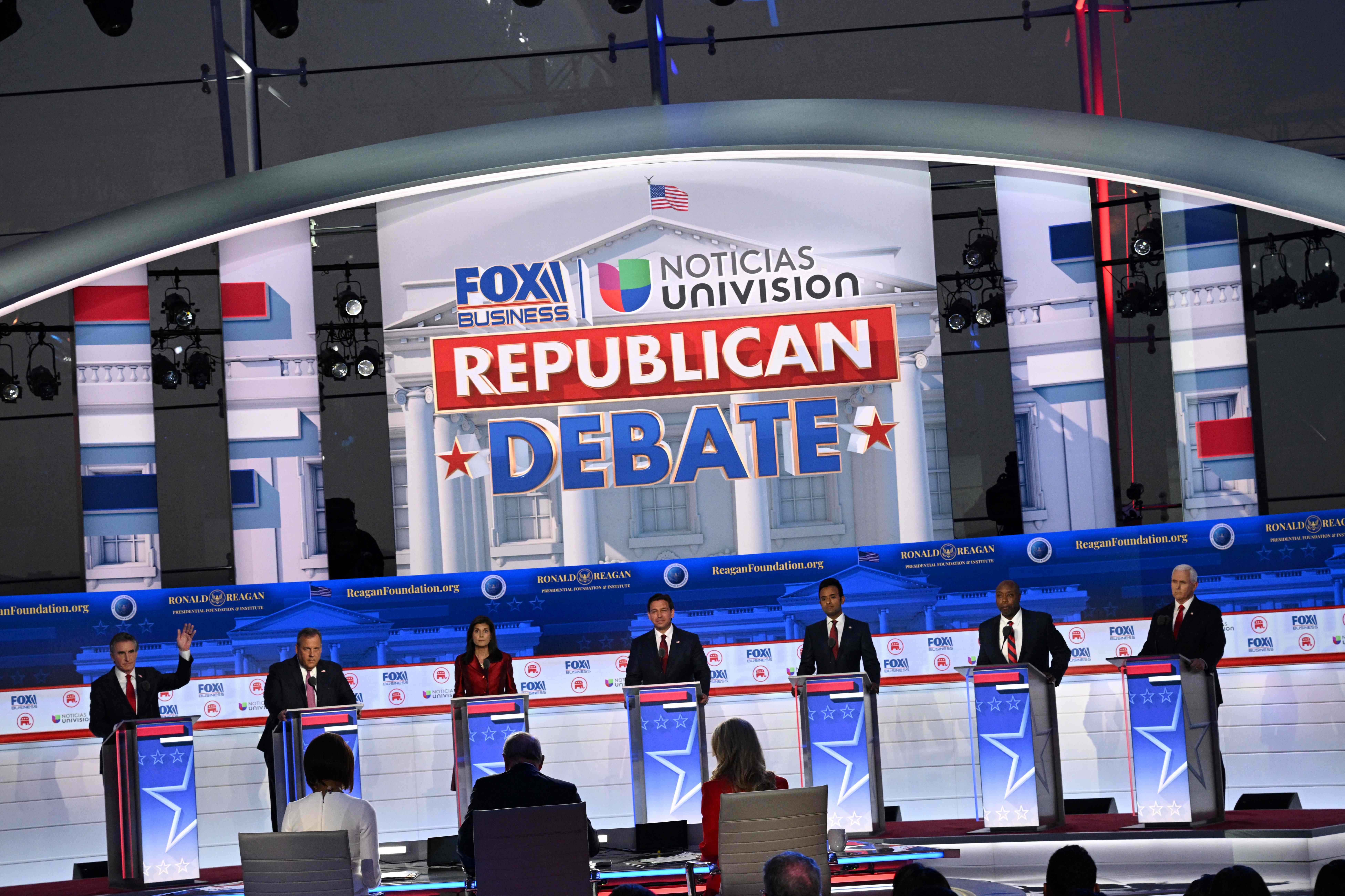 Candidates on stage at the second Republican presidential primary debate at the Ronald Reagan Presidential Library in Simi Valley, California, on September 27, 2023