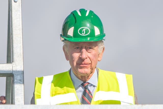 The King during a visit to the James Jones and Sons sawmill in Aboyne, Aberdeenshire (Kami Thomson/DC Thomson/PA)