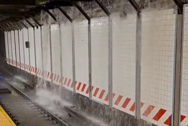 <p>View of flooding at Grand Army Plaza subway station following Tropical Storm Ophelia, in New York on September 29, 2023</p>