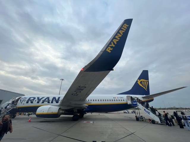 <p>Grey skies: Ryanair Boeing 737 at London Stansted airport</p>