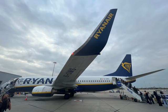 <p>Grey skies: Ryanair Boeing 737 at London Stansted airport</p>