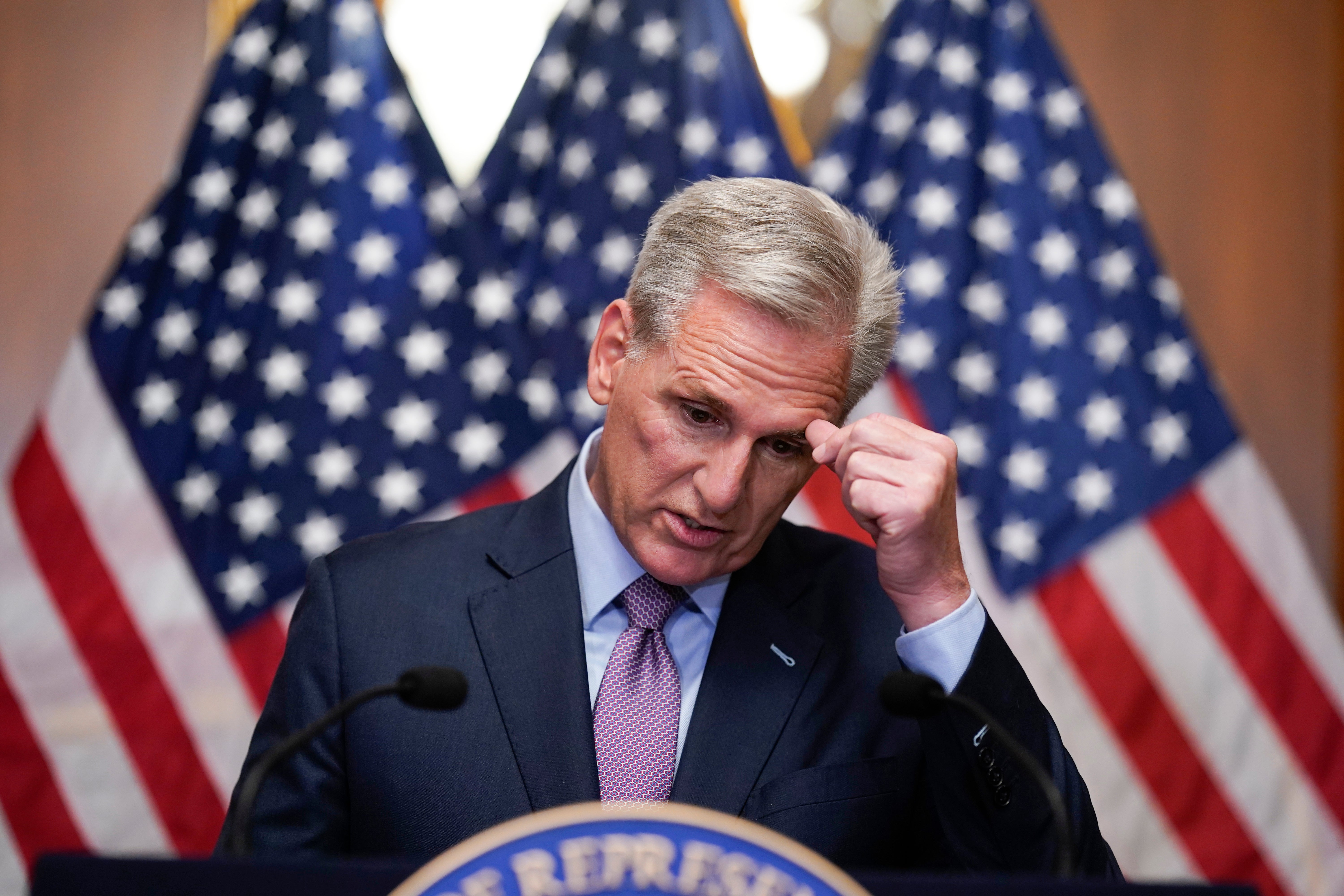 Rep. Kevin McCarthy, R-Calif., speaks to reporters hours after he was ousted as Speaker of the House, Tuesday, Oct. 3, 2023, at the Capitol in Washington.