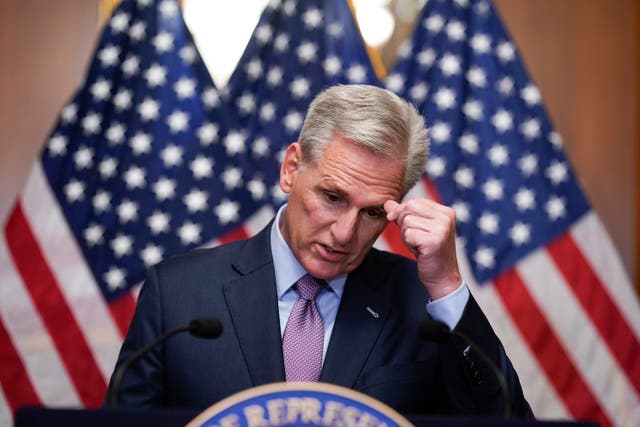 <p>Rep. Kevin McCarthy, R-Calif., speaks to reporters hours after he was ousted as Speaker of the House, Tuesday, Oct. 3, 2023, at the Capitol in Washington. </p>