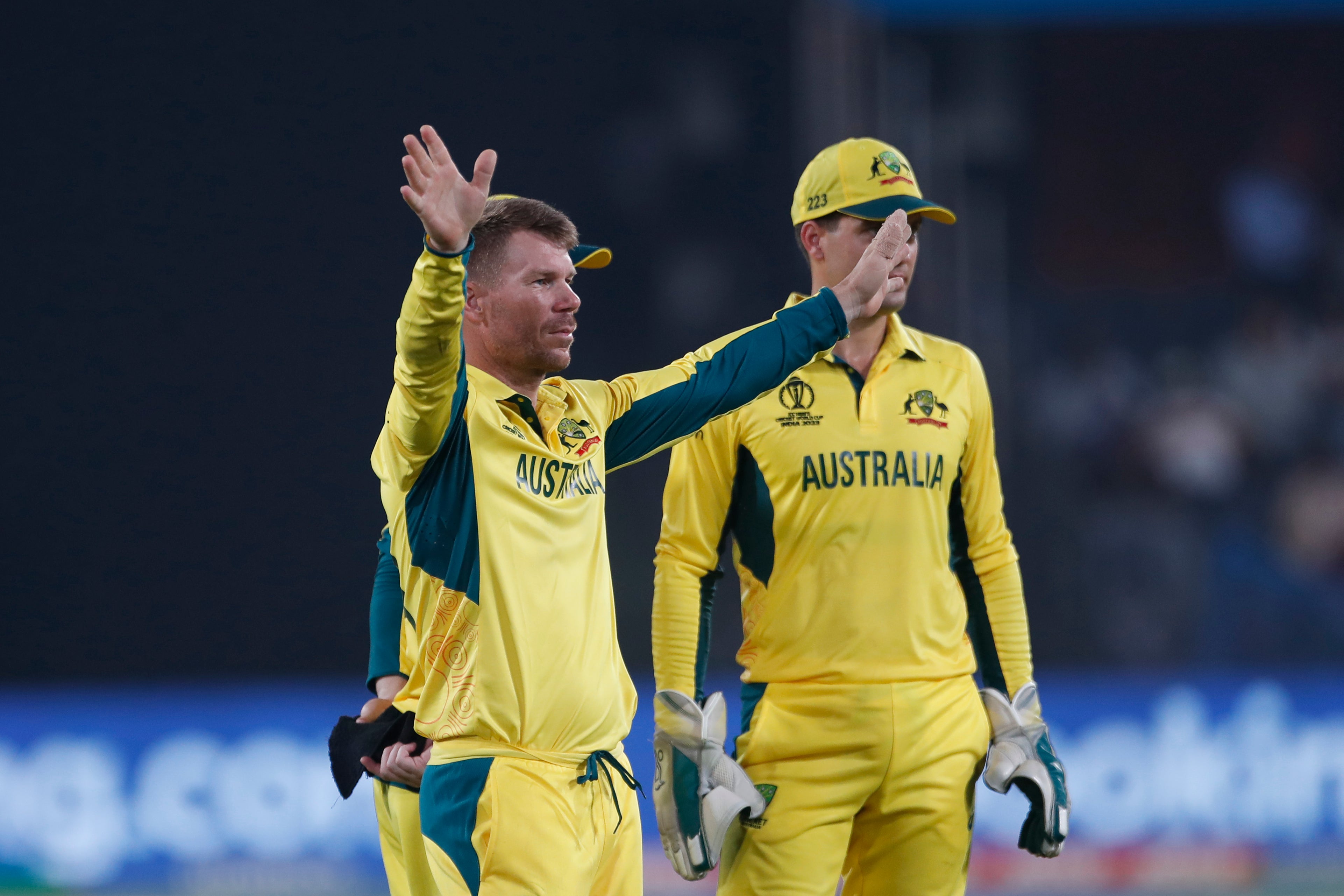 David Warner of Australia gestures during the ICC Men’s Cricket World Cup India 2023 warm up match between Pakistan and Australia at Rajiv Gandhi International Stadium on 3 October 2023 in Hyderabad, India