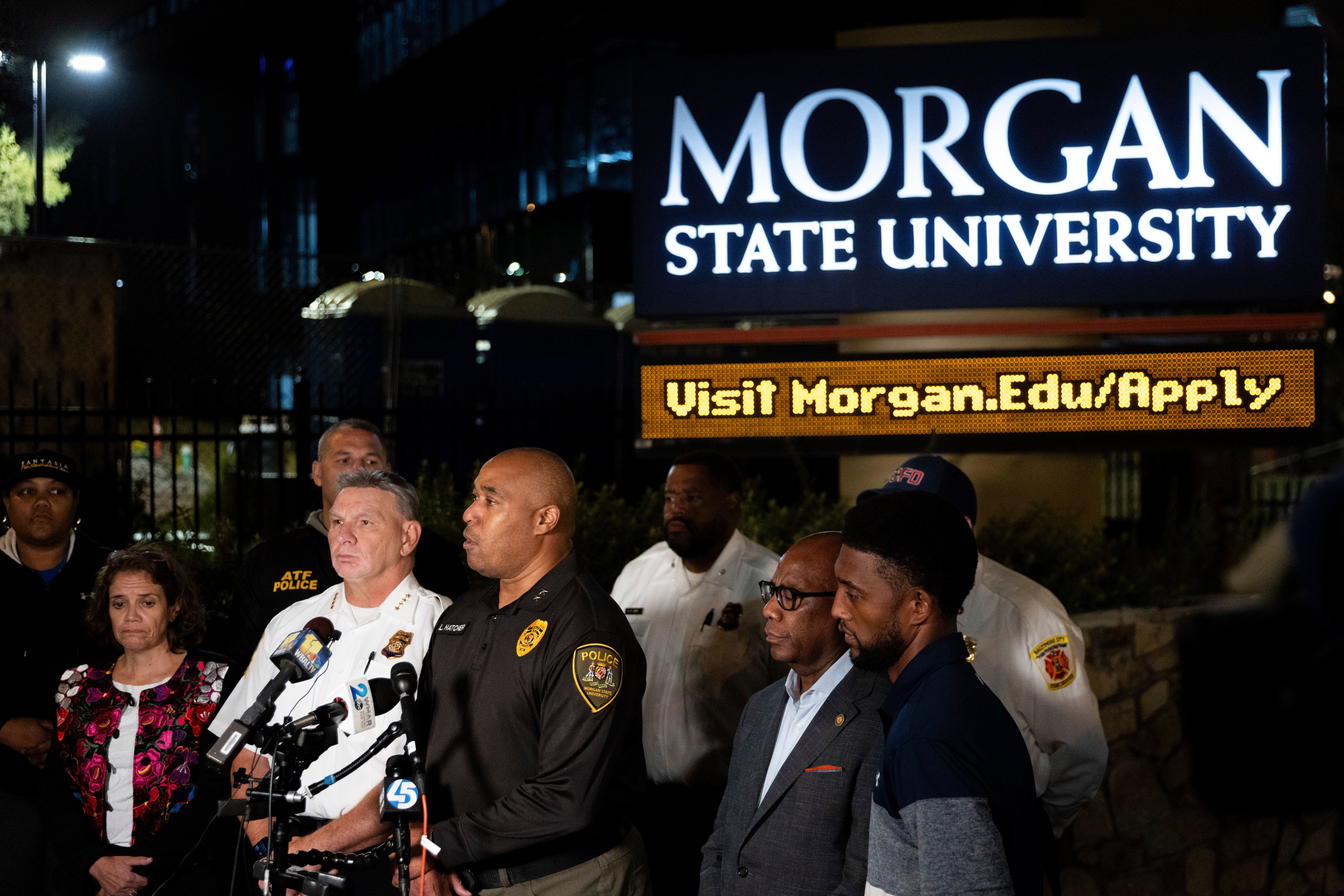 Morgan State University Police Chief Lance Hatcher speaks at a news conference after the shooting