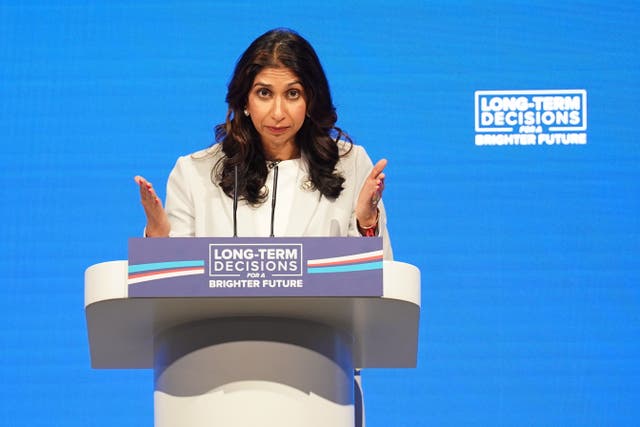 Home Secretary Suella Braverman delivers her keynote speech during the Conservative Party annual conference (Stefan Rousseau/PA)