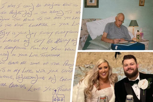 <p>Clockwise from top left: The letter, the bride’s father, Philip Hargreaves, and the happy couple, Freya and Michael</p>