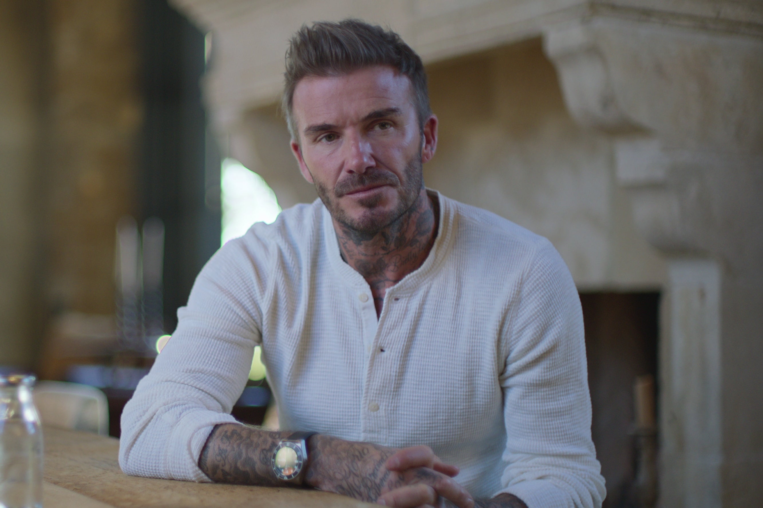 A modern-day David Beckham being interview for the Netflix documentary