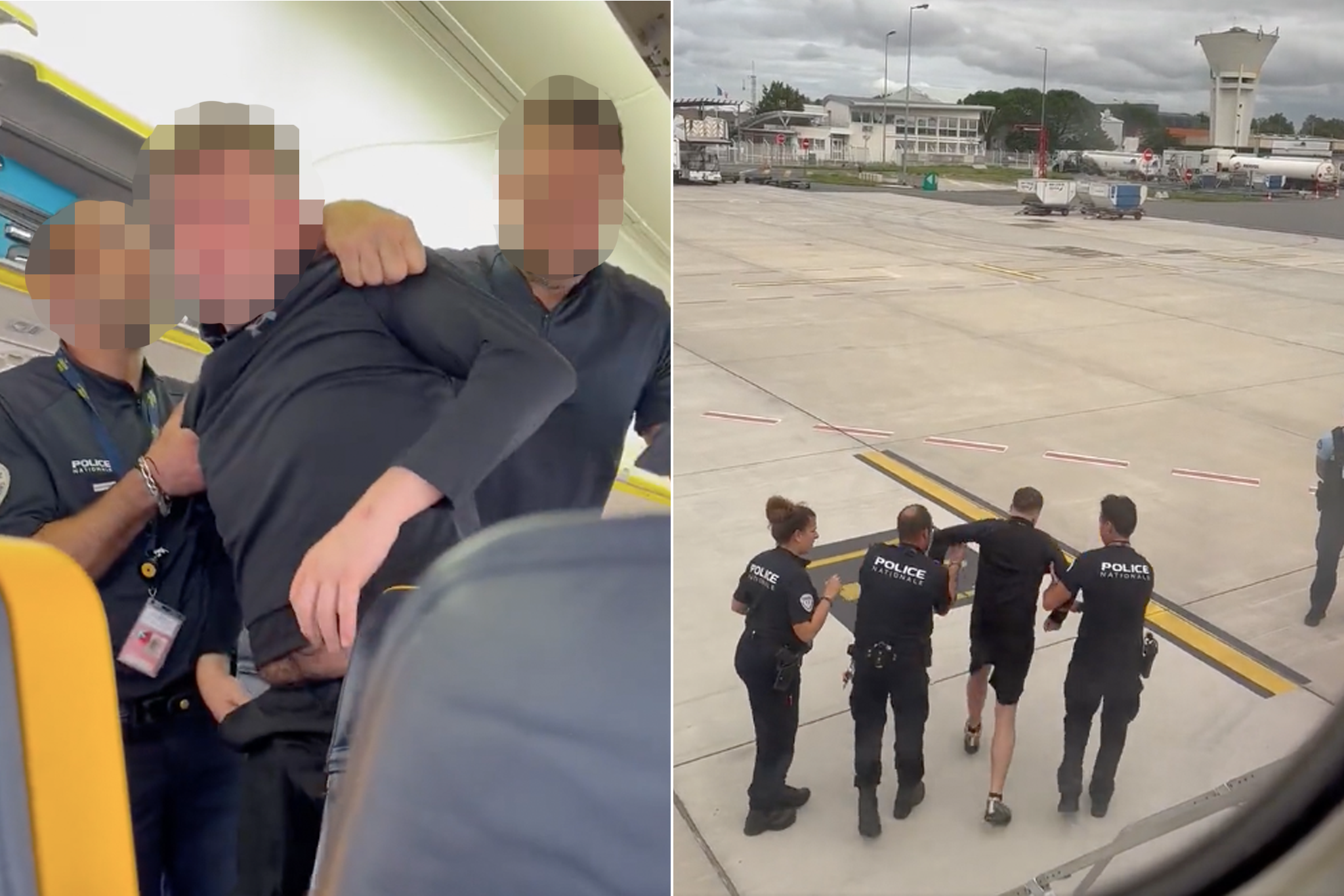The man was escorted off the plane by three police officers in Bordeaux