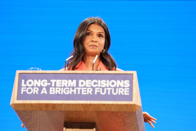 Akshata Murty, the wife of Prime Minister Rishi Sunak, speaks on stage during the Conservative Party annual conference in Manchester (Stefan Rousseau/PA)