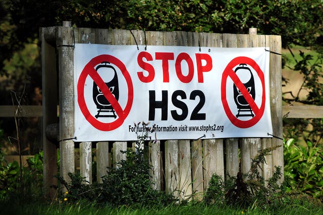 Opponents to HS2 put up a sign in Whittington, Staffordshire (PA)