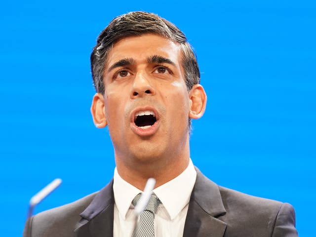 <p>Rishi Sunak delivers his keynote speech at the Conservative Party conference</p>