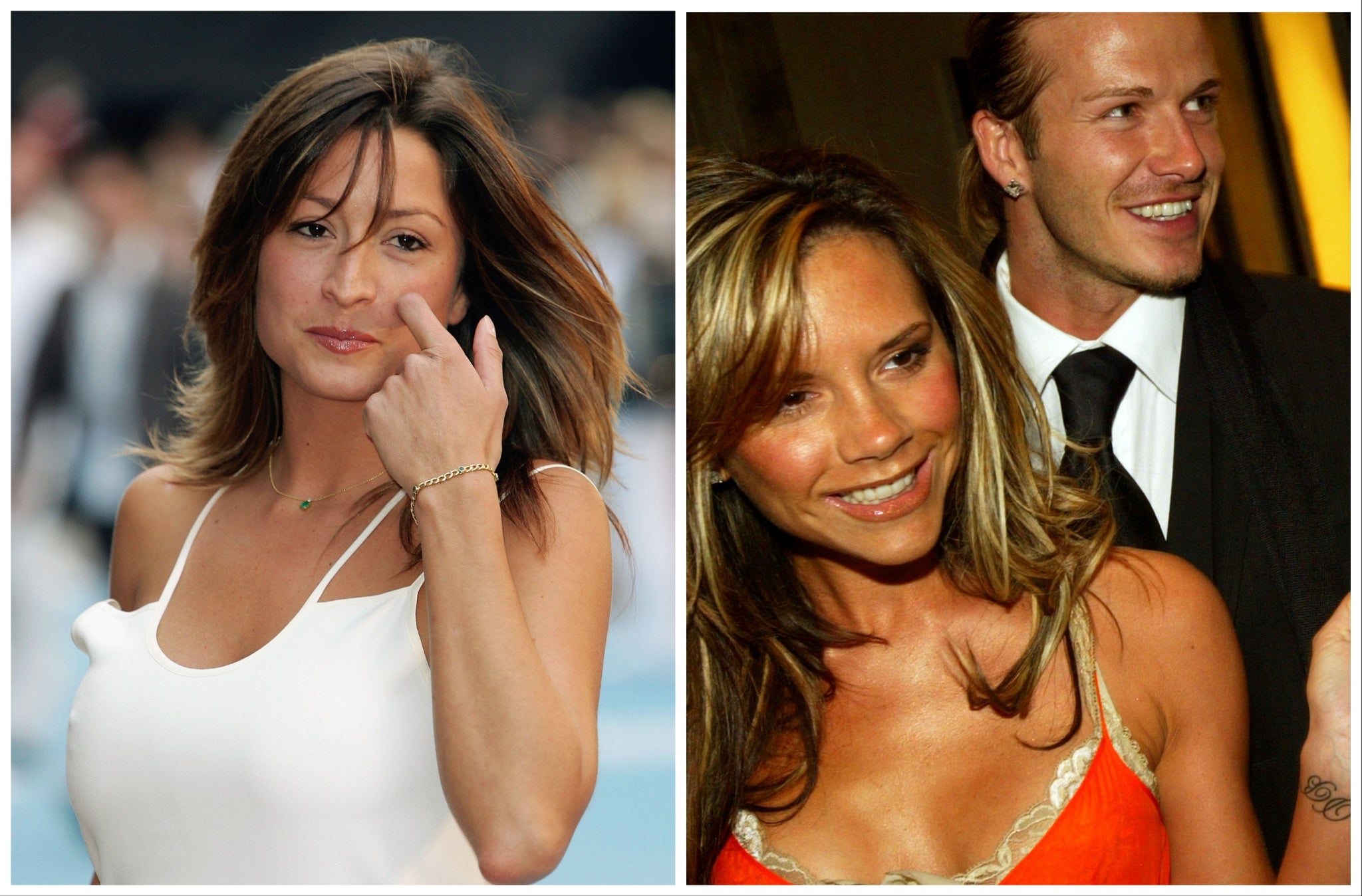 Left: Rebecca Loos pictured in 2005, and Victoria and David Beckham in 2004, the year the alleged ‘affair’ scandal broke