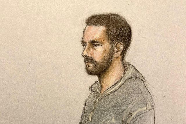 A court artist sketch of serving Metropolitan Police officer Rupert Edwards appearing at London’s Westminster Magistrates’ Court charged with raping two women (Elizabeth Cook/PA)