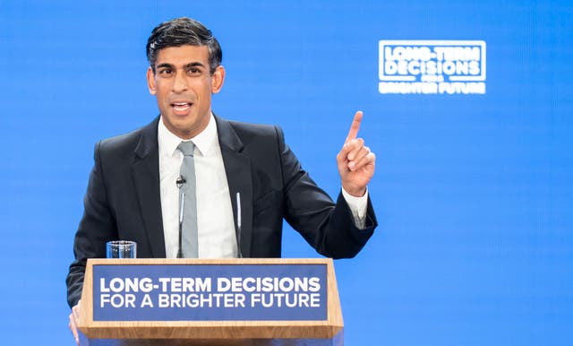 <p>Rishi Sunak delivers his keynote speech in Manchester</p>