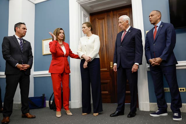 <p>House Democratic leaders including Nancy Pelosi, second from left, and Steny Hoyer, second from right, meet with Denmark’s prime minister</p>