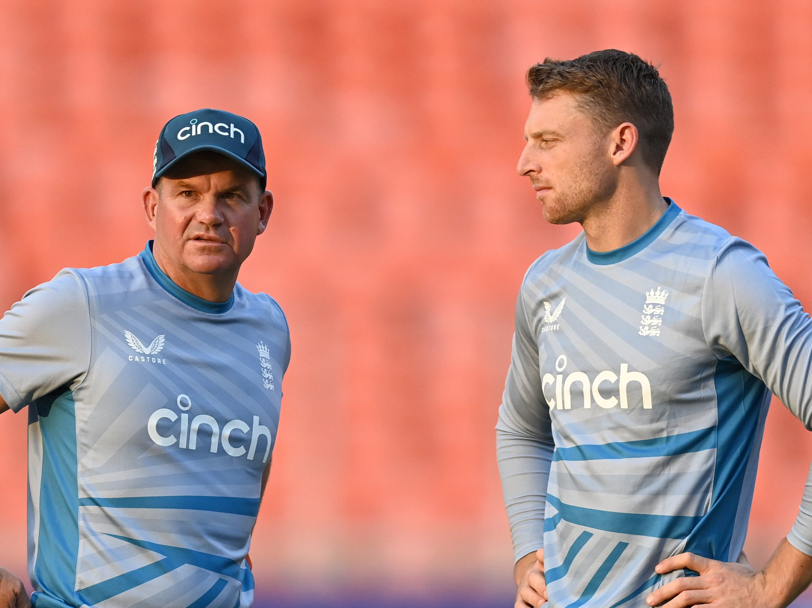 England captain Jos Buttler with coach Matthew Mott during a nets session at Narendra Modi Stadium