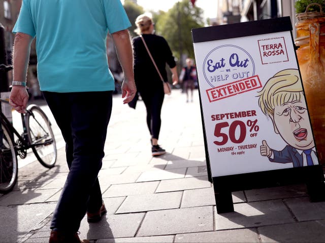<p>A sign outside the Terra Rossa restaurant in north London, promoting an extension of the Eat Out to Help Out scheme</p>