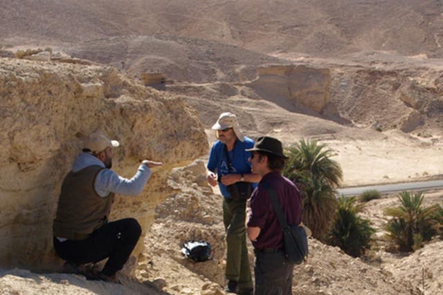 Dr Mahmoud Abass of Shantou University (left), Professor Paul Carling of University of Southampton (centre) and Dr John Jansen of Czech Academy of Sciences (right) in the field in Jordan Rift Valley (University of Southampton/PA Wire)