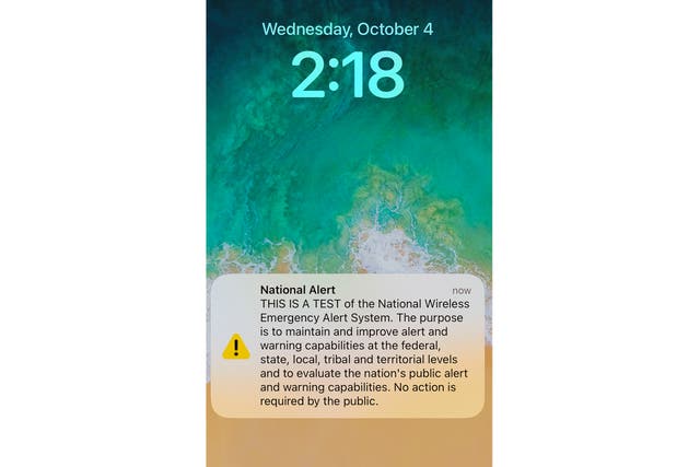 <p>A National Alert test is seen on a cellphone, Wednesday, October 4, 2023 </p>