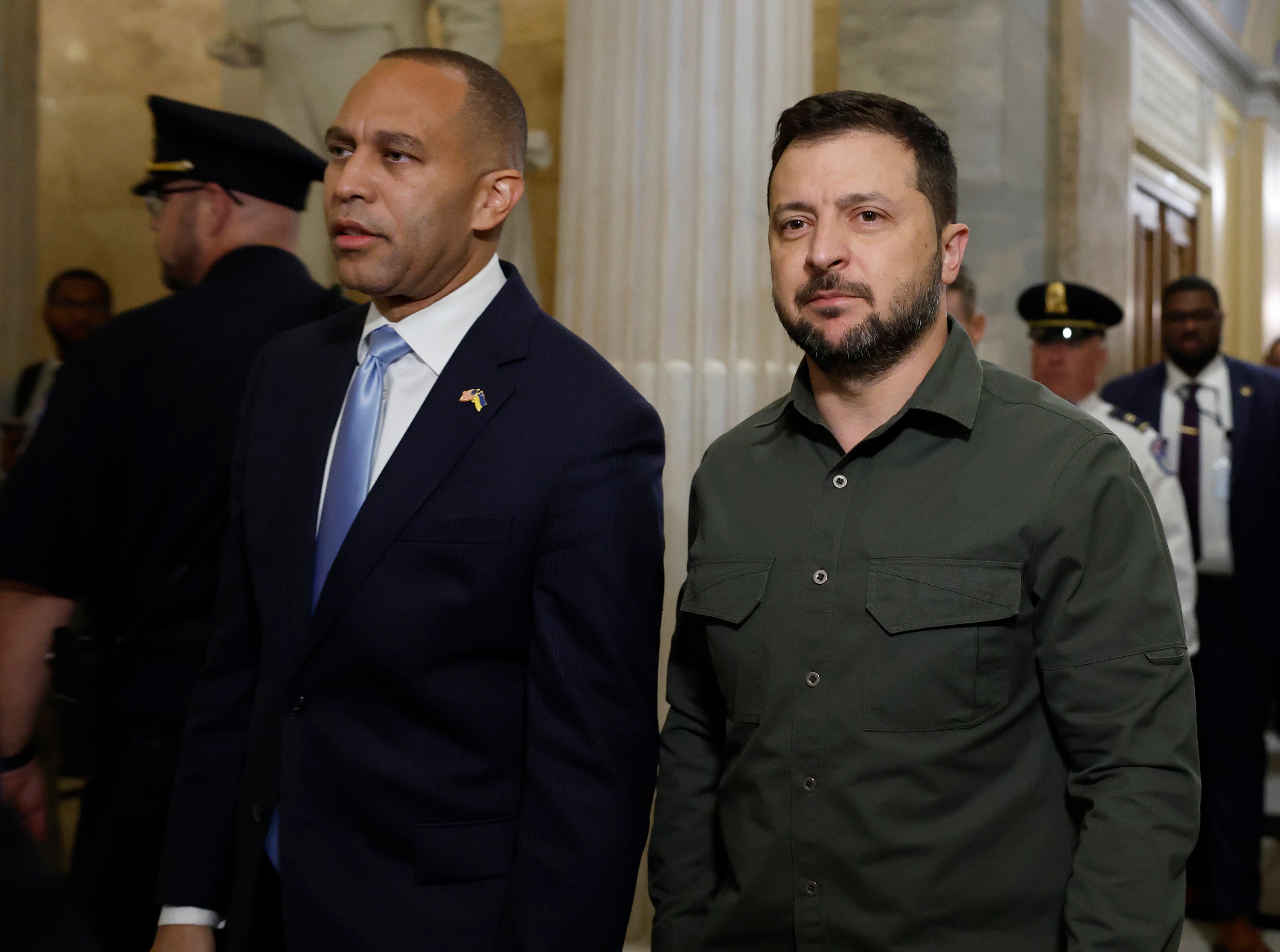 President of Ukraine Volodymyr Zelensky (R) walks with Minority Leader Rep. Hakeem Jeffries (D-NY) as he arrives for a meeting with members of the U.S. House of Representatives at the U.S. Capitol on September 21, 2023 in Washington, DC. Democrats are almost unanimous in their support for Ukraine compared to Republicans, who are more split.