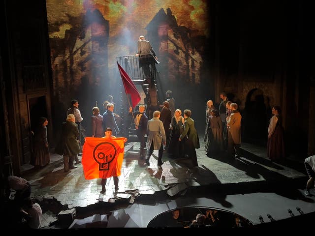 <p>Just Stop Oil of activists disrupting a performance of Les Miserables at the Sondheim Theatre </p>