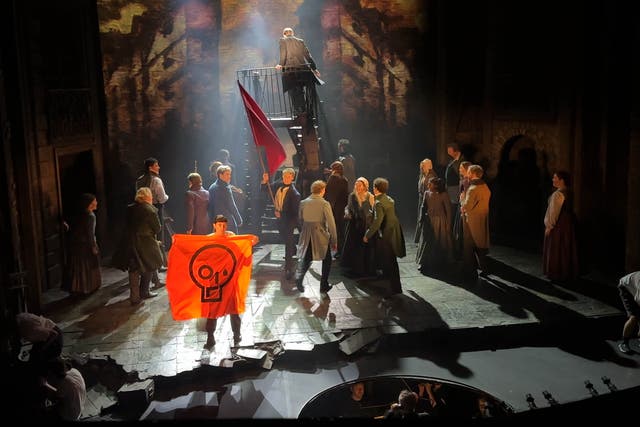 <p>Just Stop Oil of activists disrupting a performance of Les Miserables at the Sondheim Theatre </p>