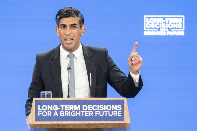 <p>Prime Minister Rishi Sunak delivers his keynote speech at the Conservative Party annual conference (Danny Lawson/PA)</p>