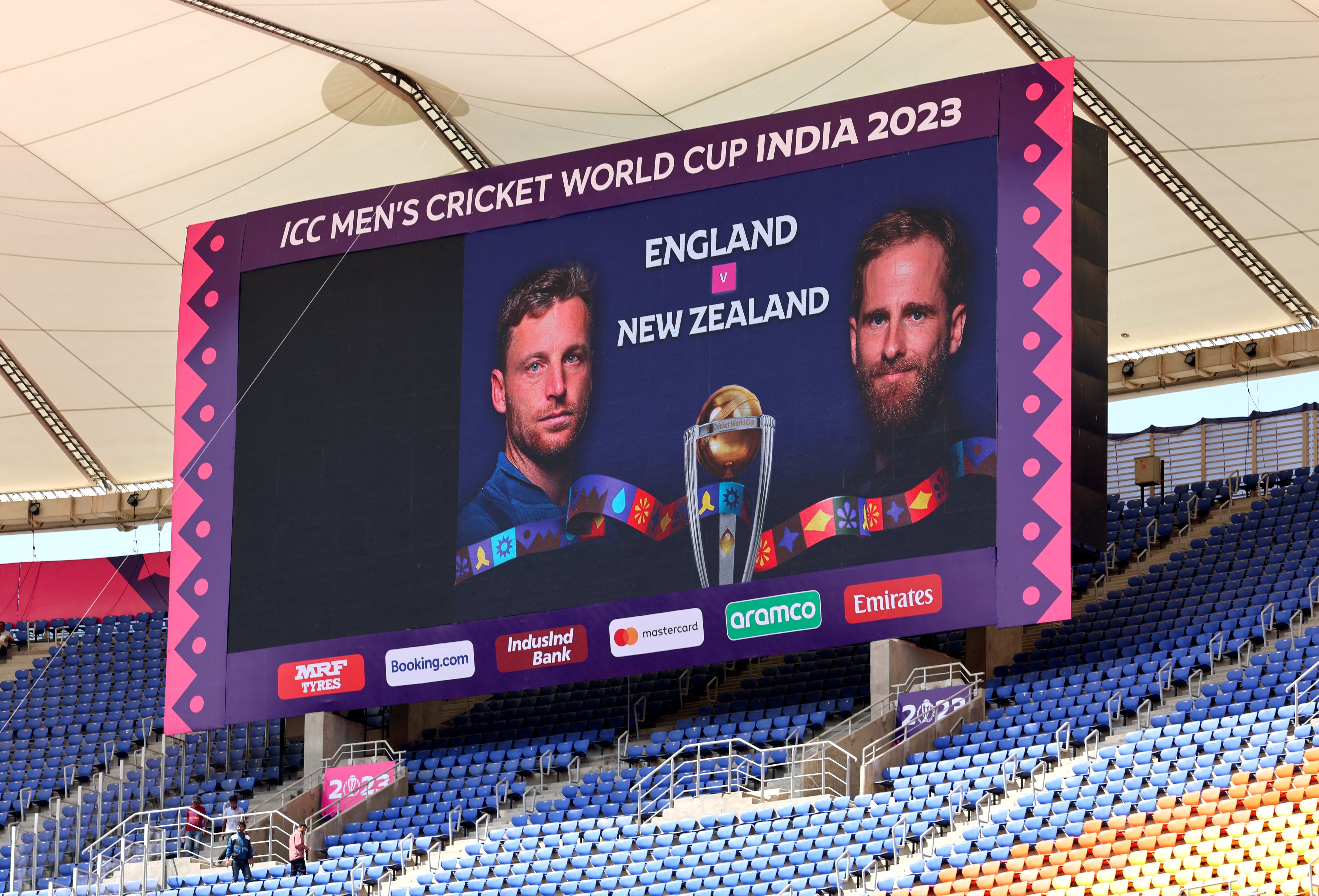 General view of the big screen inside the Narendra Modi stadium before the match on 5 October