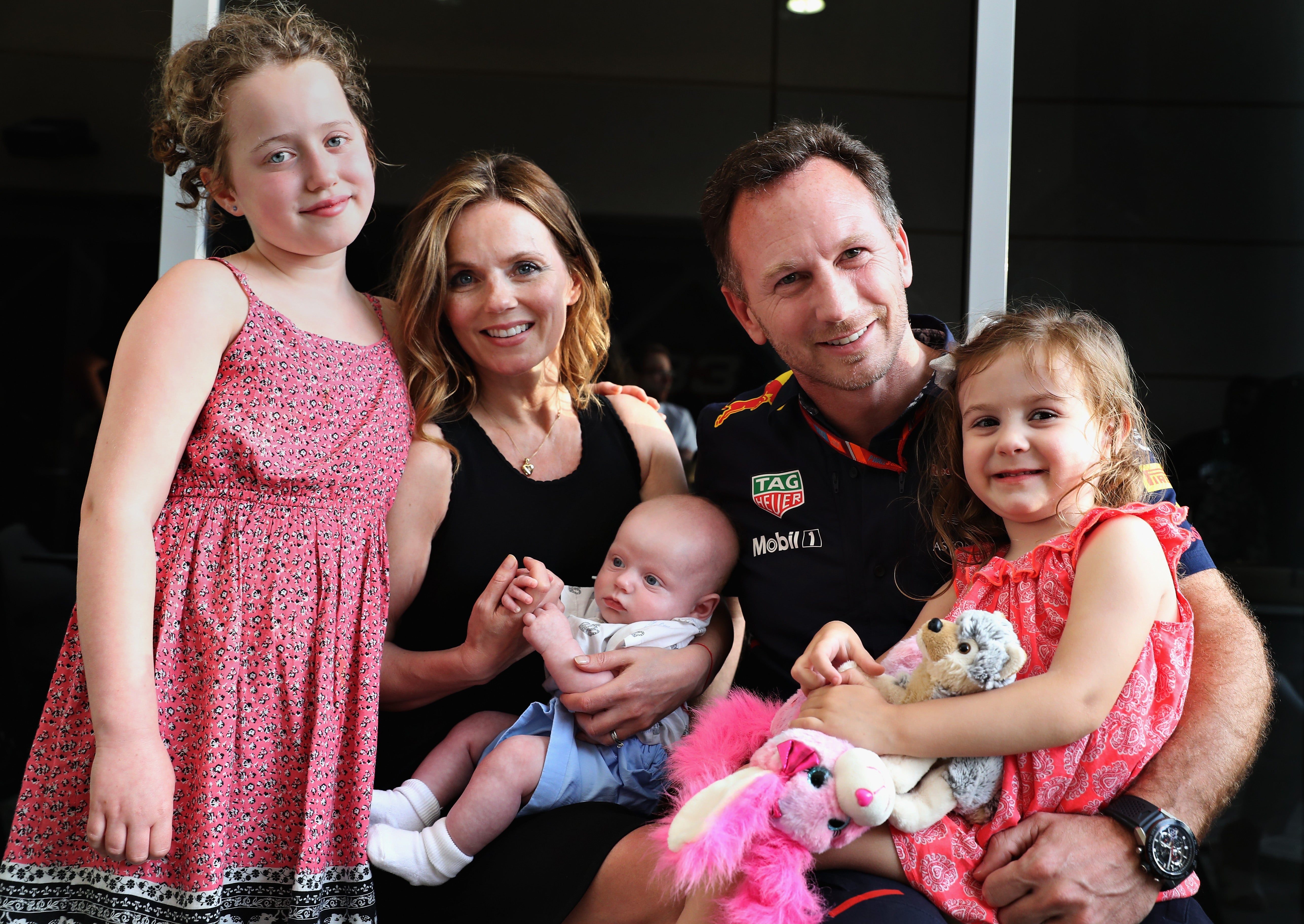 Geri and Christian Horner and their children Bluebell, Montague and Olivia, photographed in 2017