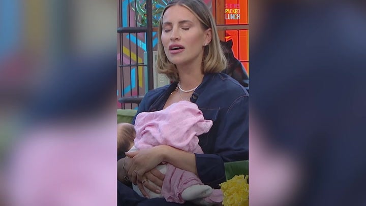 <p>Ferne McCann breastfeeds baby Finty during live TV interview.</p>