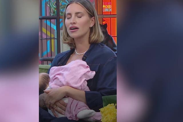 <p>Ferne McCann breastfeeds baby Finty during live TV interview.</p>