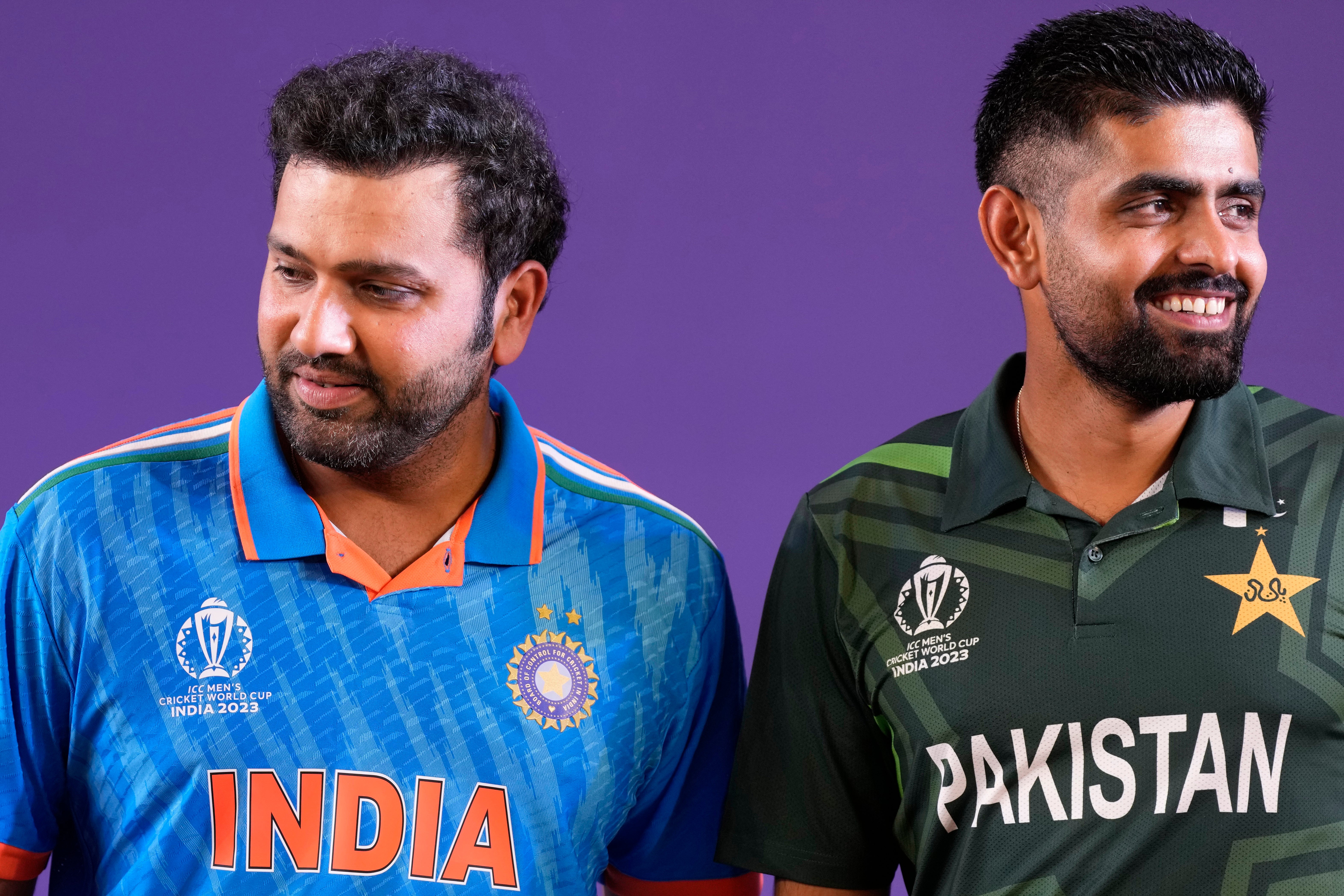 India’s captain Rohit Sharma and Pakistan’s captain Babar Azam during captain’s press conference on the eve of ICC Men’s Cricket World Cup in Ahmedabad