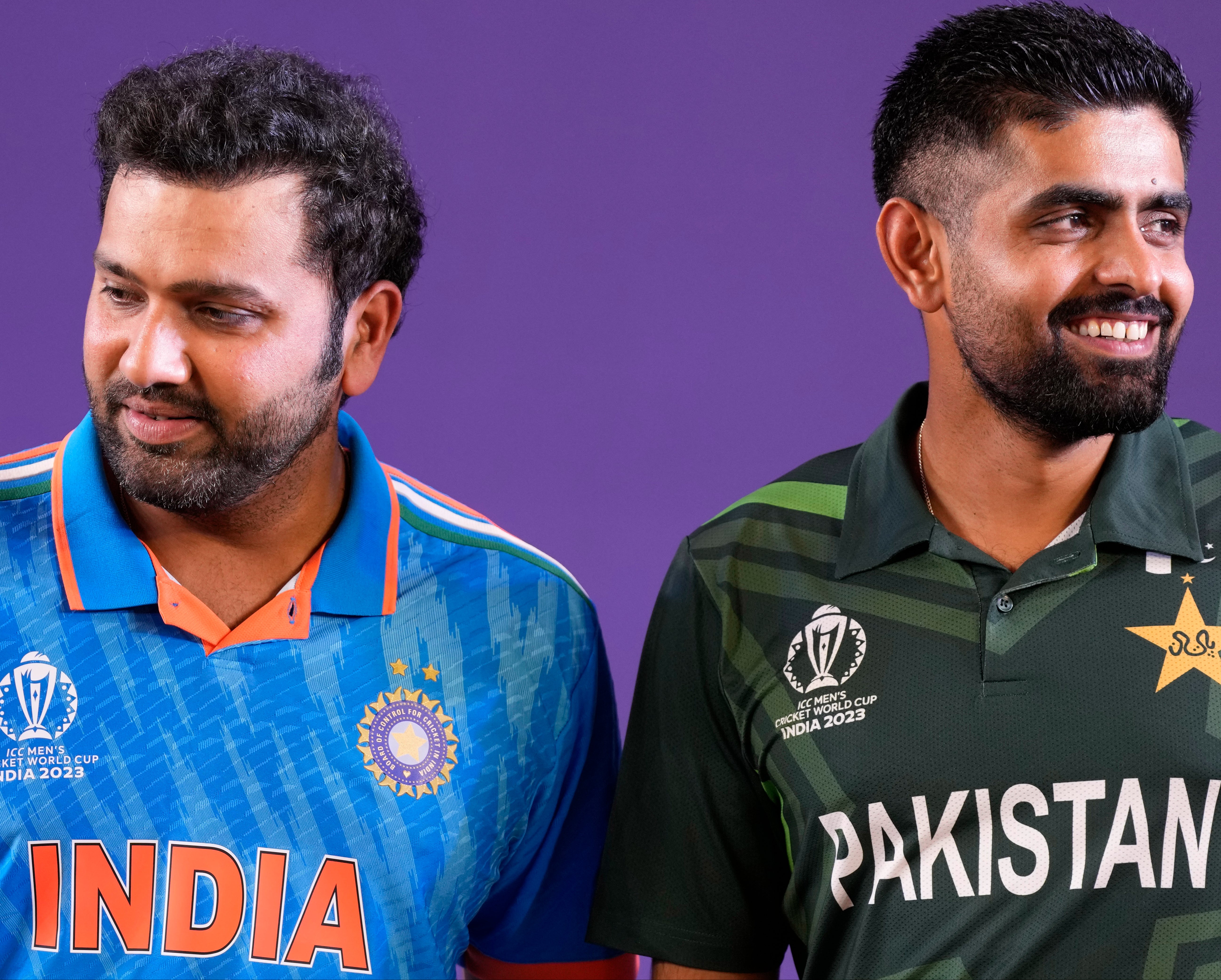 India’s captain Rohit Sharma and Pakistan’s captain Babar Azam during captain’s press conference on the eve of ICC Men’s Cricket World Cup in Ahmedabad