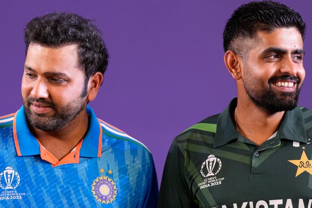 <p>India’s captain Rohit Sharma and Pakistan’s captain Babar Azam during captain’s press conference on the eve of ICC Men’s Cricket World Cup in Ahmedabad</p>