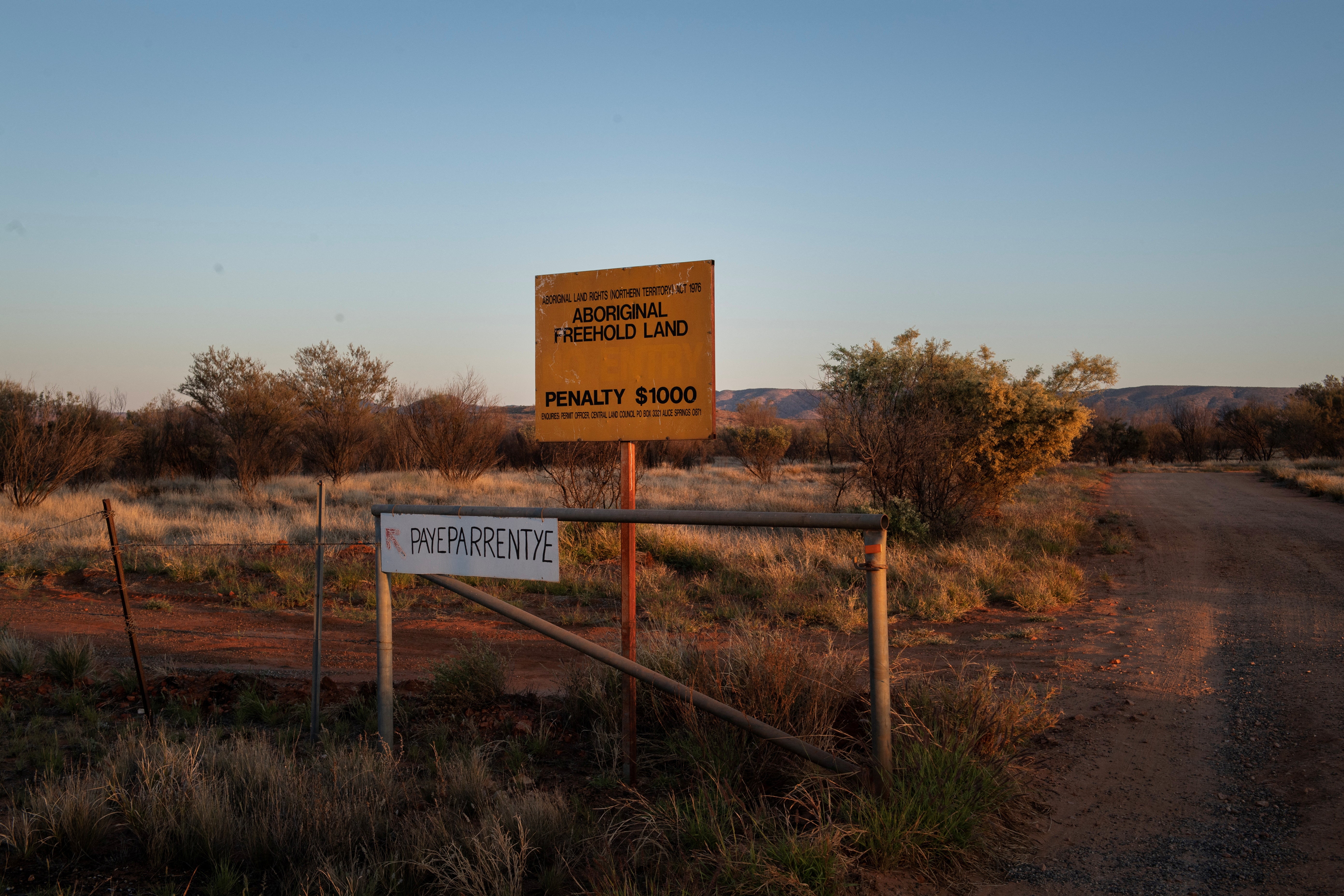 An Aboriginal freehold land site is marked in the MacDonnell Ranges, outside of Alice Springs, Australia, September 15, 2023