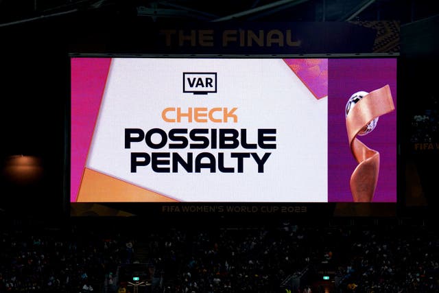 VAR checks for a possible penalty for a handball from England’s Keira Walsh during the FIFA Women’s World Cup final match at Stadium Australia, Sydney. Picture date: Sunday August 20, 2023.