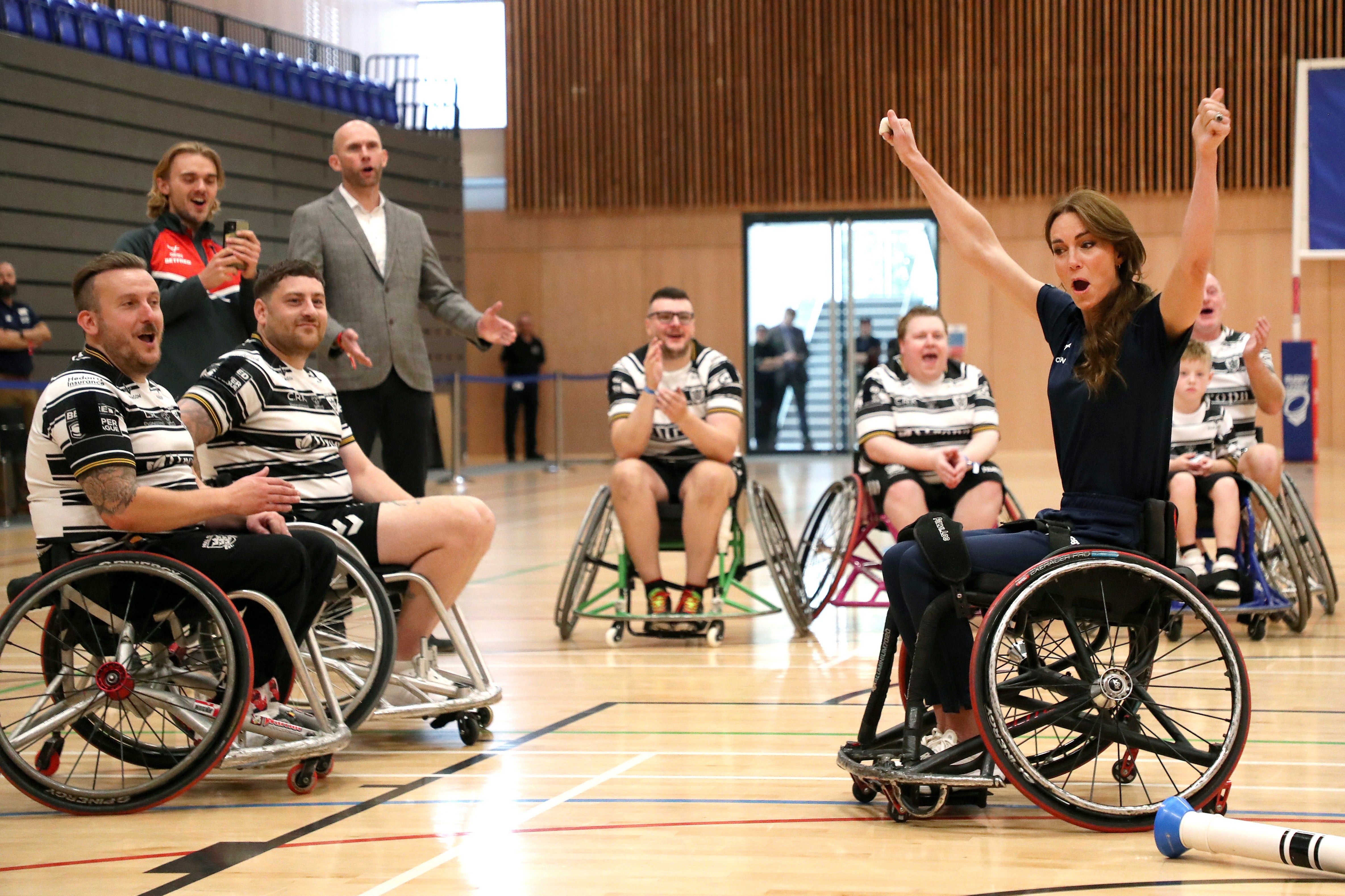 Kate, The Princess of Wales tries her hand at wheelchair rugby as she joins a training session facilitated by members of the world-cup winning England Wheelchair Rugby League squad, at Allam Sport Centre in Hull