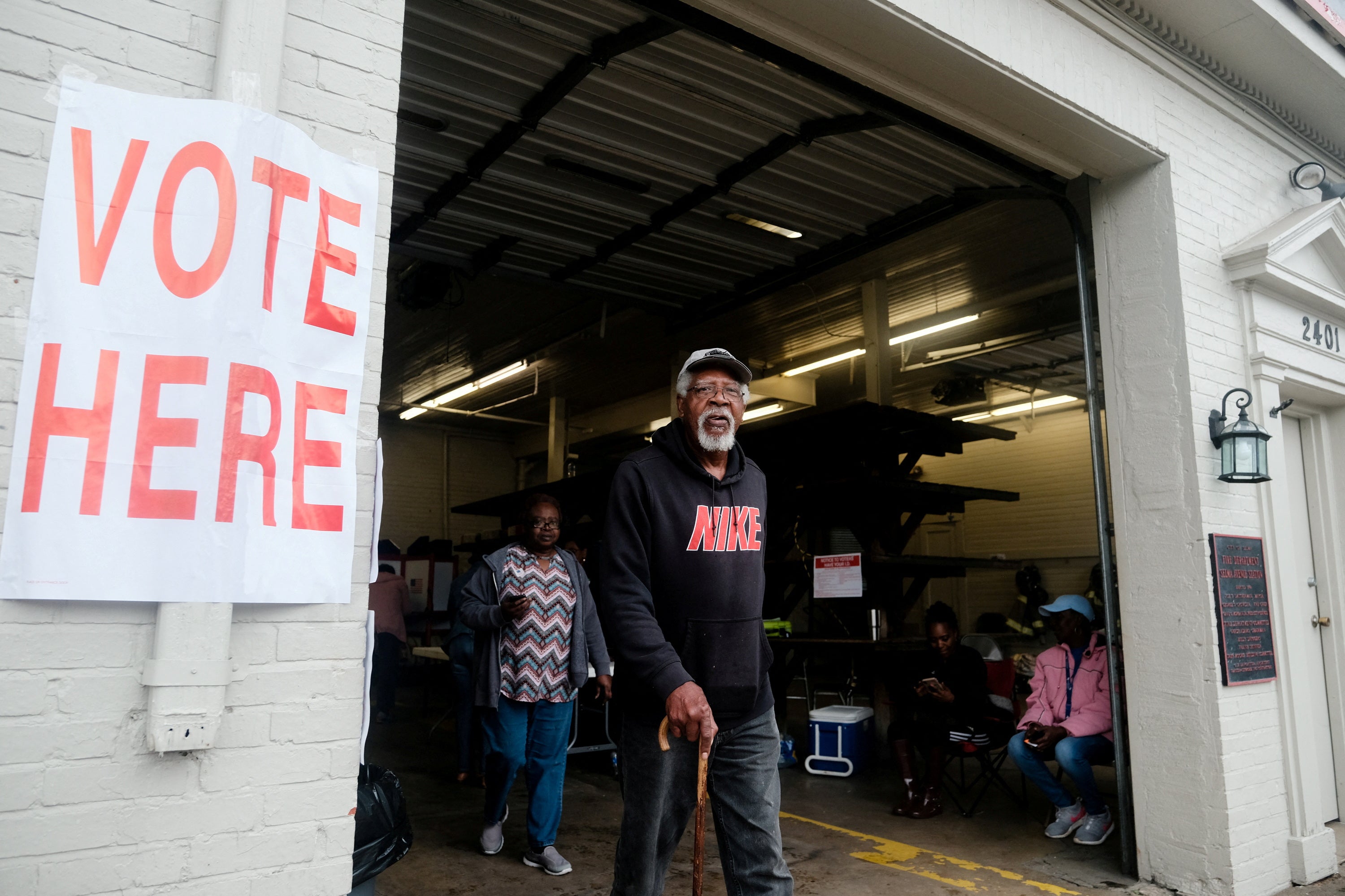 A voter leaves a polling station in Selma, Alabama in March 2020.