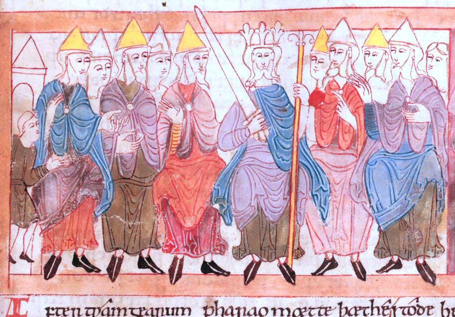 A portrayal of what an Anglo-Saxon king and his witan ('parliament'), meeting at Cheddar, might have looked like - from the 11th century Old English Hexateuch in the British Library. They are all wearing circular brooches, but nothing as big as the recently-discovered Cheddar Brooch